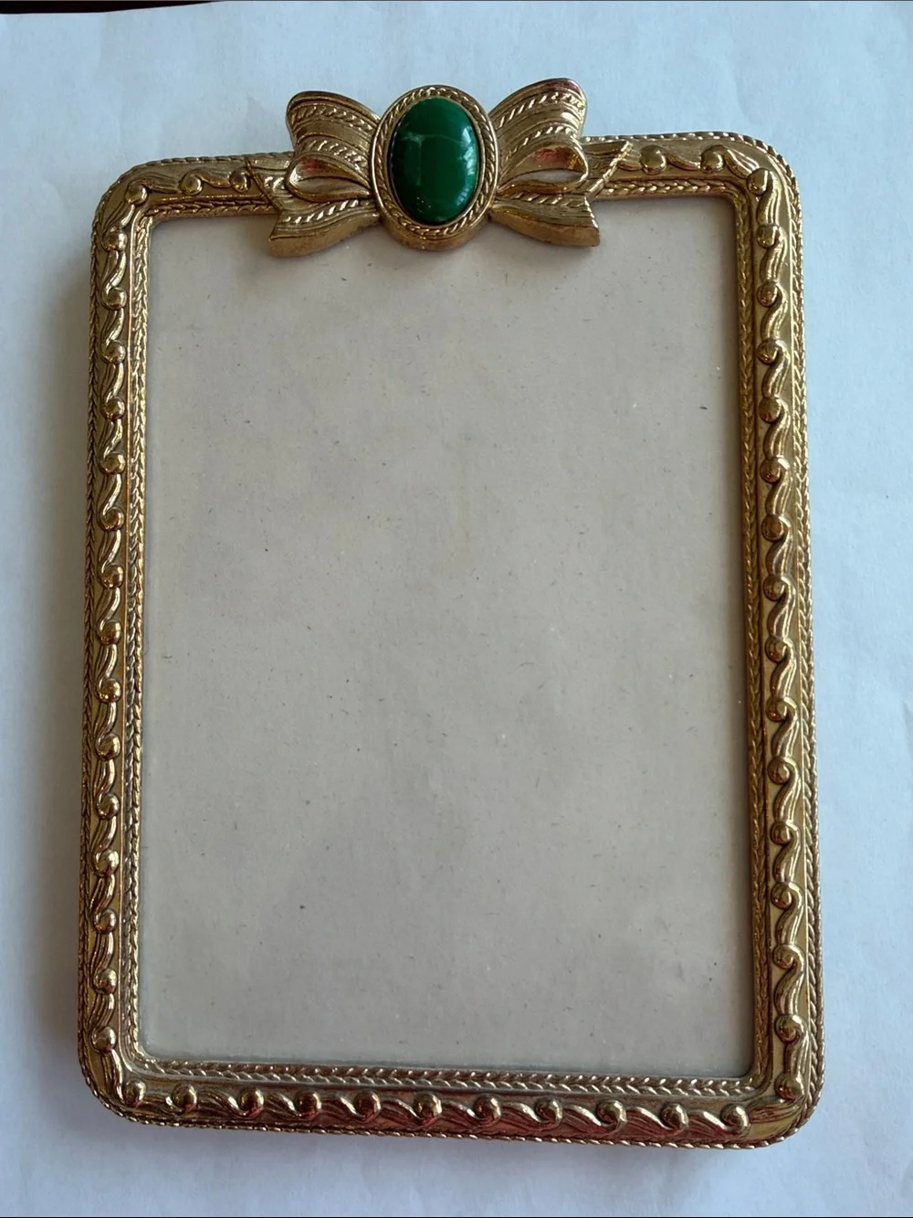Vintage Gold Bow Picture Frame w/ Green Oval Stone For a 4 1/2” x 6 1/2” Pic